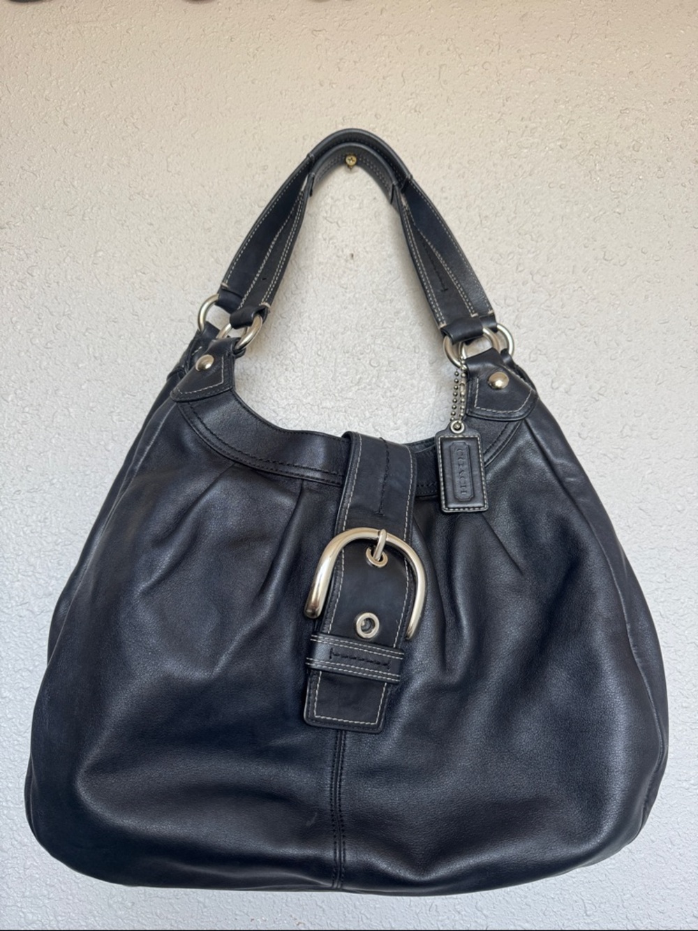Coach Black Leather Shoulder Bag with Buckle Detail